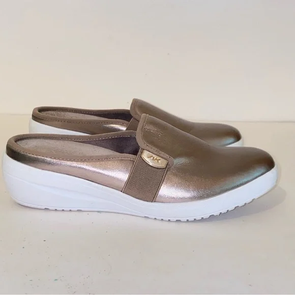 Anne Klein AK Sport Bronze Metallic Slip On Wedge Slides Mules - Picture 3 of 16